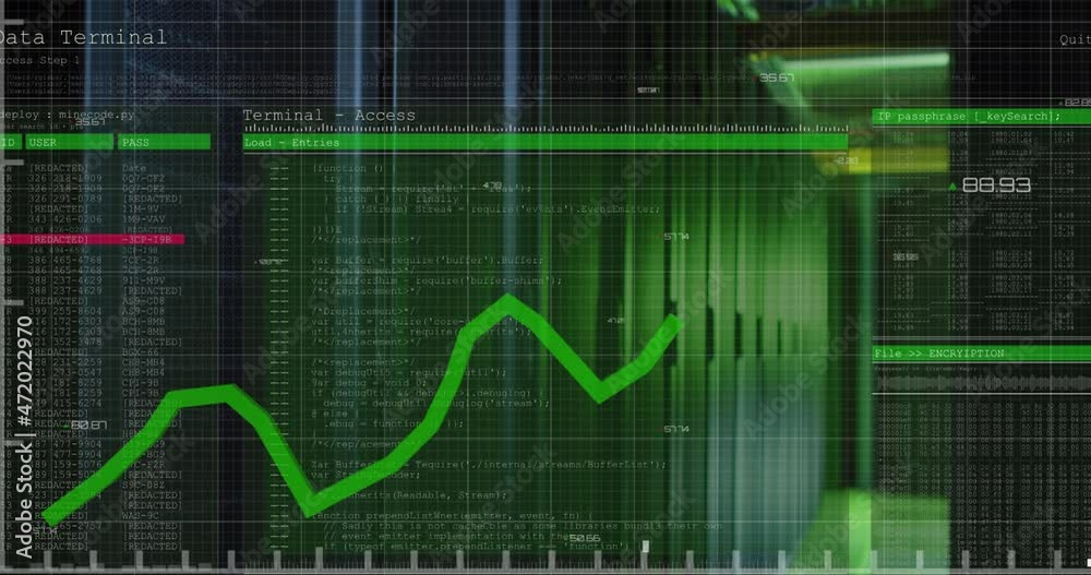 Animation of data processing and text over green lights of computer server Animation of data processing and text over green lights of computer server