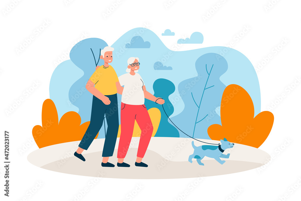 Elderly couple walking in park with a dog. Happy aged man and woman spending time together outdoors. Active retirement, sport and healthy lifestyle concept. Modern flat vector illustration Elderly couple walking in park with a dog. Happy aged man and woman spending time together outdoors. Active retirement, sport and healthy lifestyle concept. Modern flat vector illustration