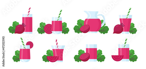 Set of red beet root juice. Collection of fresh smoothie with whole or sliced beetroot and green leaves. Healthy vegetarian drink. Flat cartoon illustration. Isolated on white background