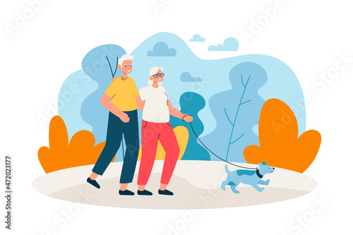 Elderly couple walking in park with a dog. Happy aged man and woman spending time together outdoors. Active retirement, sport and healthy lifestyle concept. Modern flat vector illustration