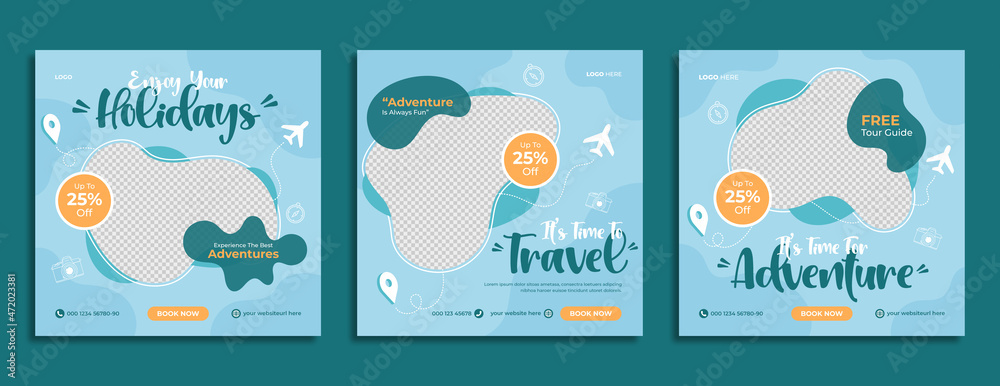 Travel sale business marketing social media post template design with abstract background, agency logo and icon. Summer holiday travelling & tourism online promotion digital banner, poster & flyer.   