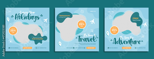 Travel sale business marketing social media post template design with abstract background, agency logo and icon. Summer holiday travelling & tourism online promotion digital banner, poster & flyer.   