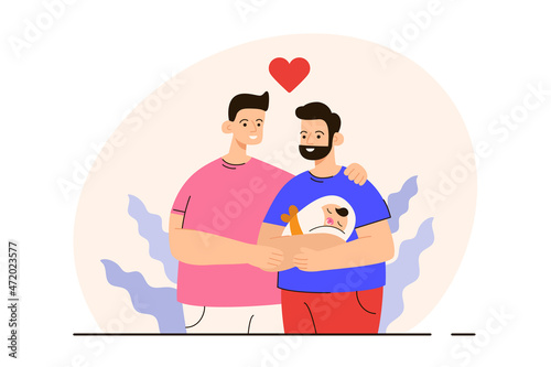 Happy gay couple standing together with their new born baby. Homosexual family with a child. LGBTQ family concept. Modern flat vector illustration