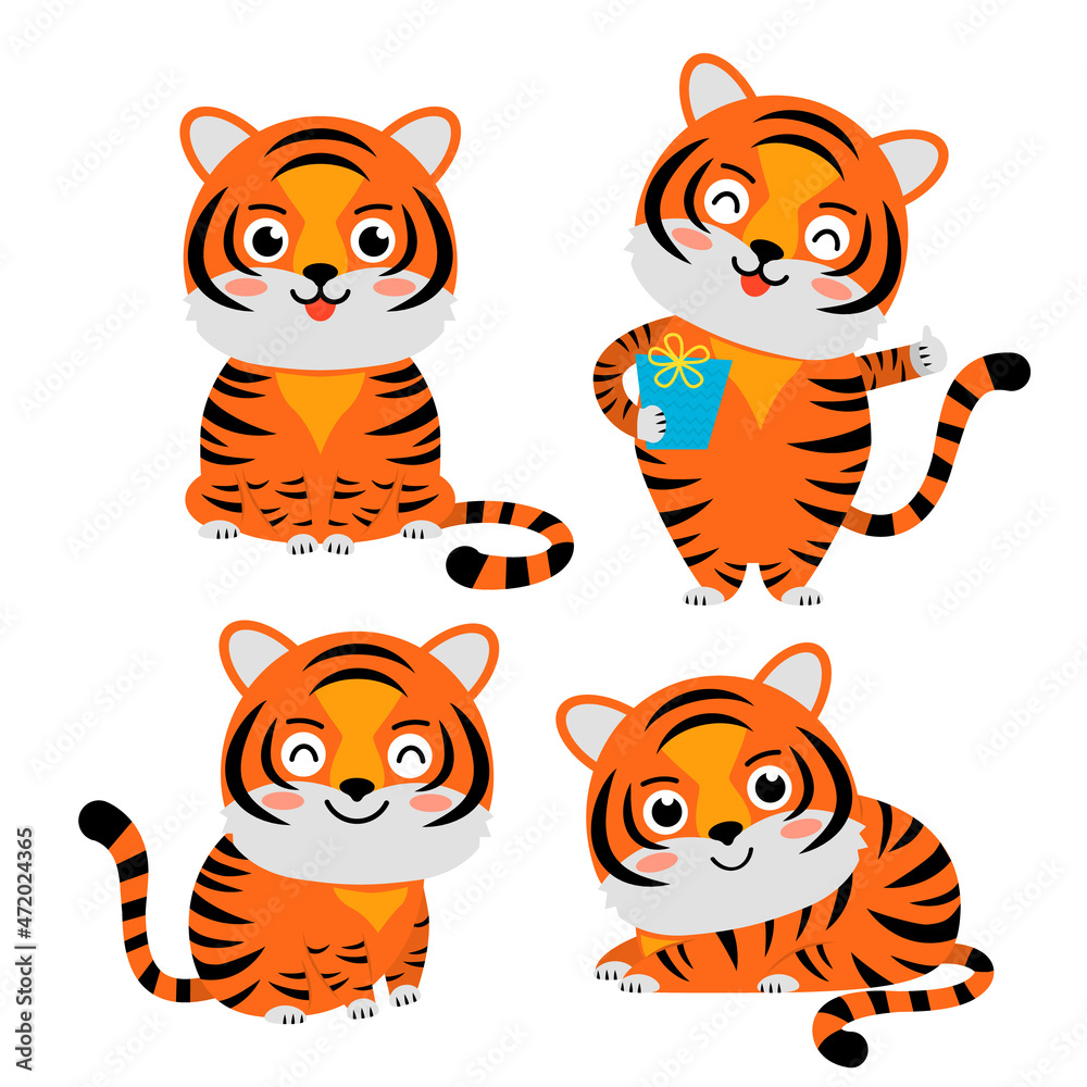 set of cute tiger cubs. 2022 year of the tiger is the symbol of the new year of the Chinese calendar.