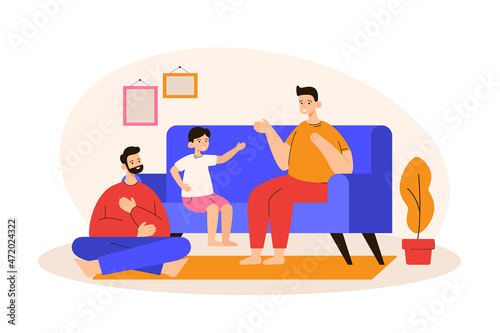 Happy gay family chatting with their child sitting on the couch. Homosexual parents spending time with son. LGBTQ concept. Modern flat vector illustration
