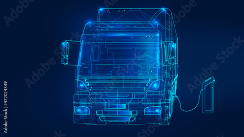 Polygonal 3d truck with Oil Car Charging St dark blue background. Online cargo delivery service, logistics or tracking app concept. Abstract vector illustration of online freight delivery service