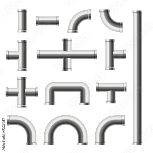 Collection of realistic metal pipes of various shapes, lengths in vector illustration