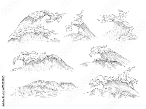 A set of sea or ocean waves with marine foam a vector sketch illustrations.