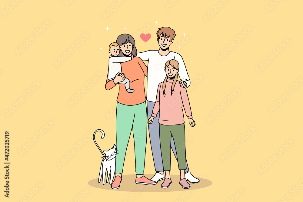 Portrait of happy young Caucasian family with children and pet show love and care in relationships. Smiling parents hug small kids demonstrate unity and bonding. Flat vector illustration. 