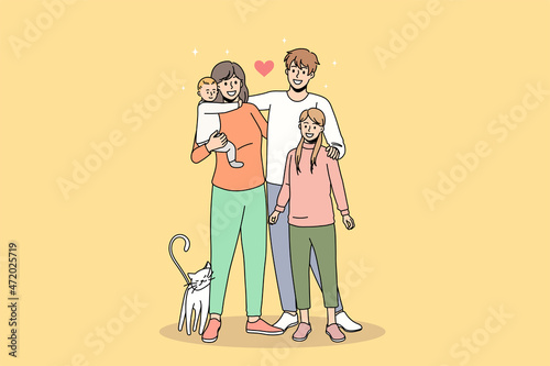 Portrait of happy young Caucasian family with children and pet show love and care in relationships. Smiling parents hug small kids demonstrate unity and bonding. Flat vector illustration. 