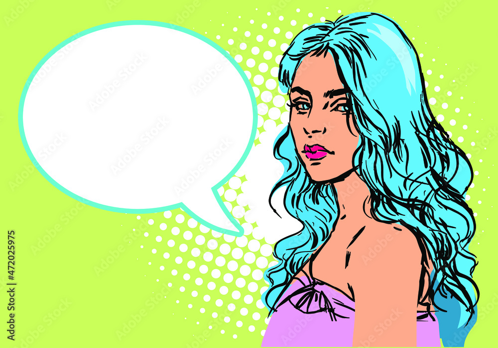 Wow a feminine pop art face. With blue eyes, an open lips, and a speech bubble,  sexy young woman is astonished. Bright vector backdrop in the manner of a pop art retro comic. Poster for a party invit