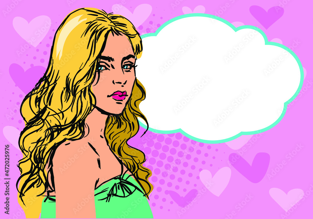 Wow a feminine pop art face. With blue eyes, an open lips, and a speech bubble, sexy young woman is astonished. Bright vector backdrop in the manner of a pop art retro comic. Poster for a party invit Wow a feminine pop art face. With blue eyes, an open lips, and a speech bubble, sexy young woman is astonished. Bright vector backdrop in the manner of a pop art retro comic. Poster for a party invit