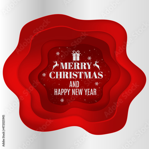 Red Christmas Papercut Design Silver Typography With Snowflake Reindeer Giftbox