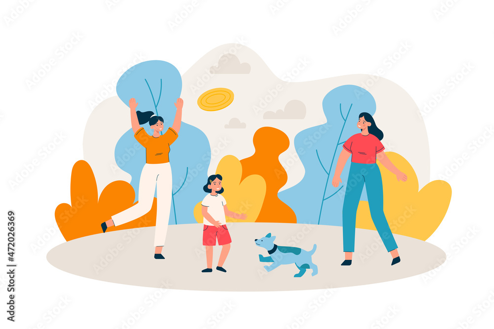 Happy lesbian family playing with their child and dog. Homosexual parents spending time with daughter. LGBTQ and family activities concept. Modern flat vector illustration