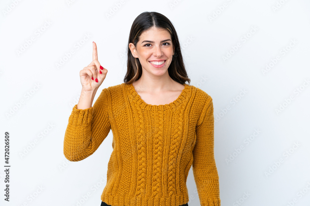 Young Italian woman isolated on white background pointing up a great idea