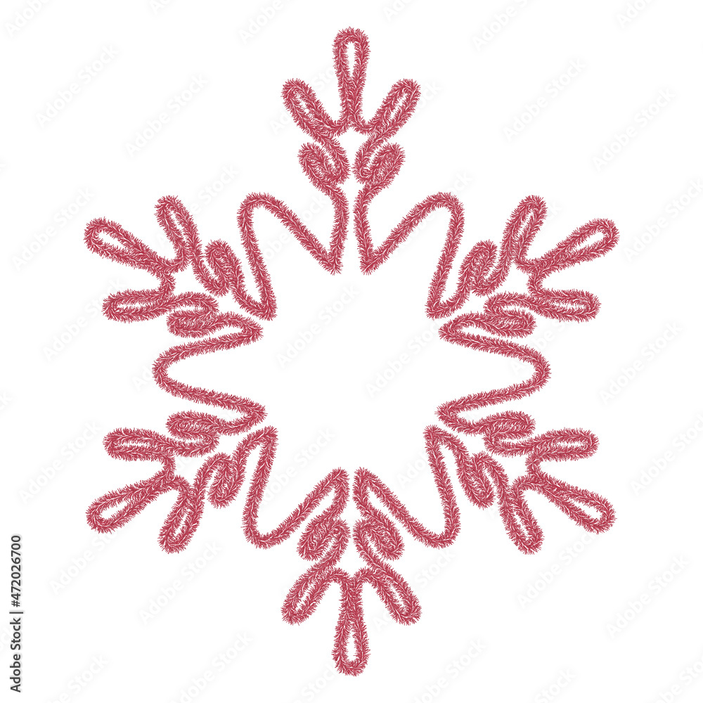 Snowflake. Snowflake made from red tinsel. Festive ornament. Vector illustration. Isolated white background. A fragile crystal with an intricate shape. Frostwork. Snow flakes. Frozen star. Arctic icon