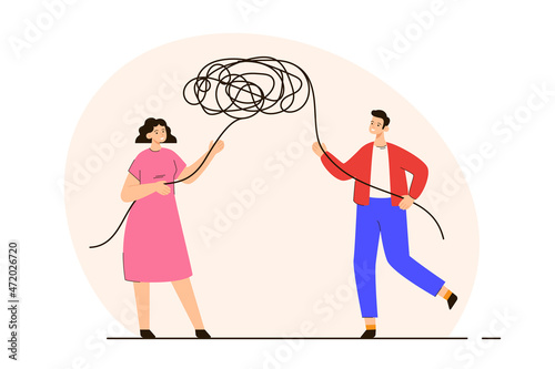 Happy man and woman untangling a knot. Couple working together to solve relationship problems. Family crisis, breakup and divorse concept. Modern flat vector illustration