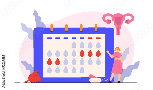 Happy woman at period calendar with uterus, tampons and cup. Menstrual cycle schedule. PMS and ovulation checking concept. Modern flat vector illustration