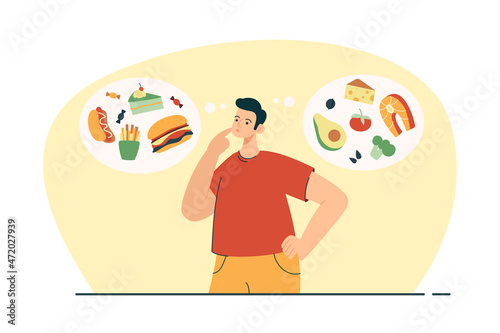 Man thinkig about food choises. Person deciding what to eat between healthy and unhealthy options. Junk food, diet and nutrition concept. Modern flat vector illustration
