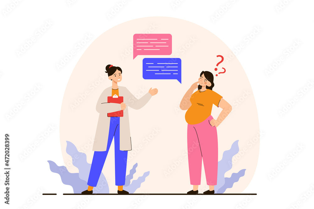 Pregnant woman asking questions to a doctor. Female character expecting a baby, examination during pregnancy. Motherhood concept. Modern flat vector illustration