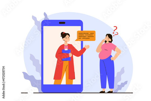 Pregnant woman getting online doctor consultation. Female character expecting a baby, motherhood and technology concept. Modern flat vector illustration