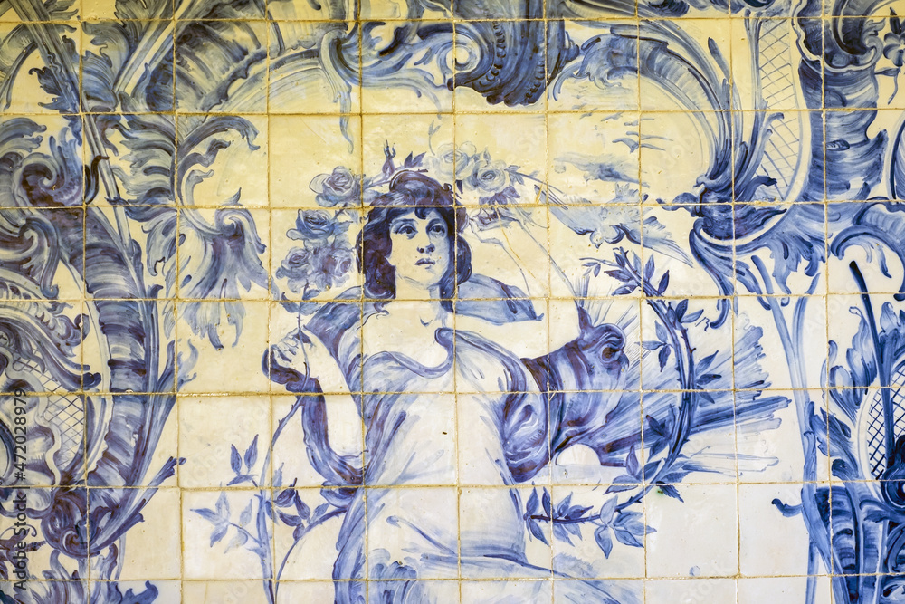 Azulejos panels in the gardens of a palace in Estoi, Algarve, Portugal	
