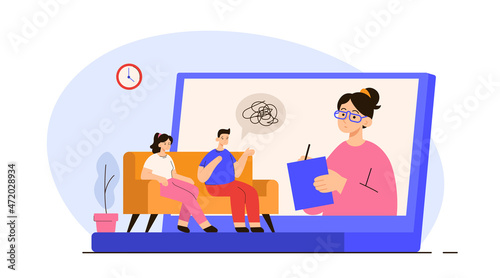 Female psychologist consulting man and woman online by laptop. Marriage counseling, relationship problems, couple therapy concept. Modern flat vector illustration