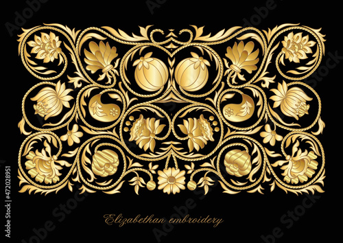 Fantasy flowers in retro, vintage, embroidery style. Element for design. In gold and black.