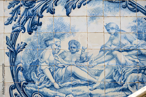 Azulejos panels in the gardens of a palace in Estoi, Algarve, Portugal	
