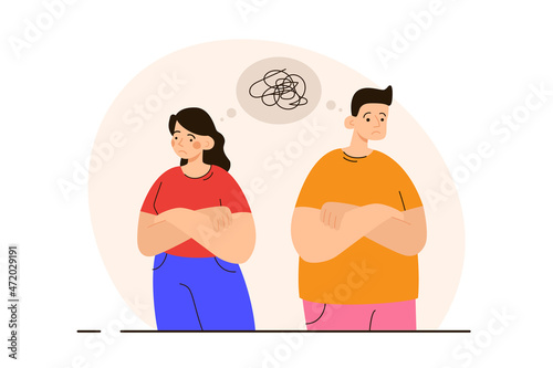 Sad man and woman after quarrel thinking about problems. Family crisis, breakup and divorse concept. Modern flat vector illustration photo