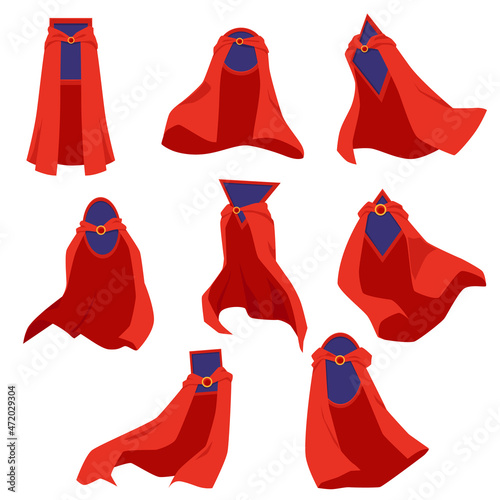 Superhero cape or cloak with badges or frames flat vector illustration isolated.