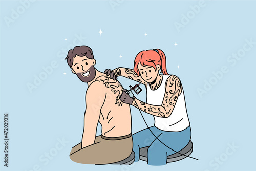 Male client get tattoo on back with female master in saloon. Woman make body art painting for man customer in studio. Tattooing concept. Subculture and diversity. Flat vector illustration. 
