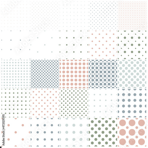 Collection of white dotted geometric seamless patterns - minimalistic design. Simple delicate color textures - endless backgrounds. Trendy textile repeatable prints