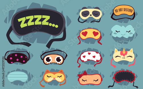 Sleeping masks with strings and cute pictures flat vector illustration isolated.