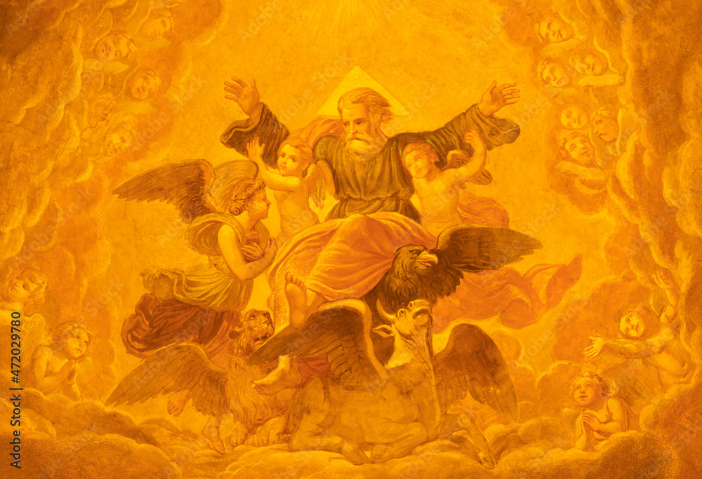 FORLÍ, ITALY - NOVEMBER 11, 2021: The detail of fresco of God the Father among the four Evangelist symbols in cupola of Cattedrala di Santa Croce by Giovanni Secchi (1876 - 1950). - obrazy, fototapety, plakaty 