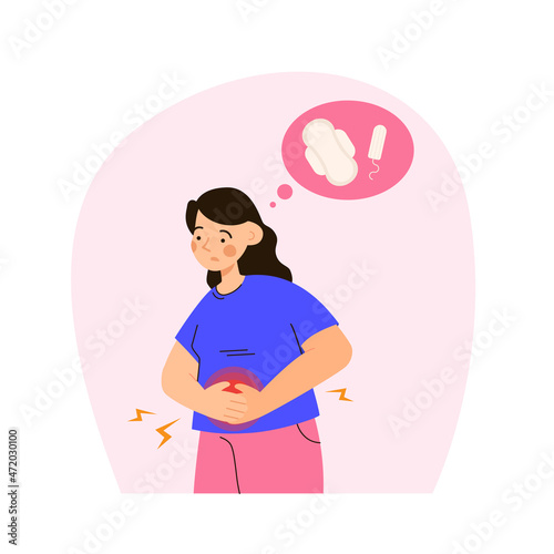 Woman suffering from menstrual pain. PMS, cramps, ovulation and gynecology problems concept. Modern flat vector illustration
