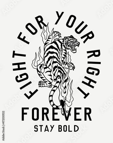 Black and White Tiger with Flames Mixed with A Slogan Vector Artwork on White Background For Apparel and Other Uses
