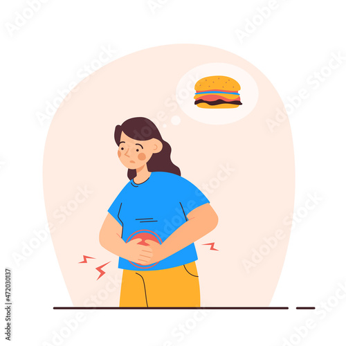 Woman suffering from stomach pain caused by unhealthy food. Junk food, diet and nutrition concept. Modern flat vector illustration