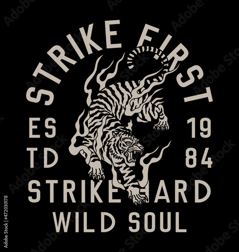 Black and White Tiger with Flames Around Mixed with A Slogan Vector Artwork on Black Background For Apparel and Other Uses