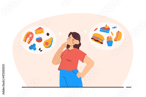 Woman thinkig about food choises. Person deciding what to eat between healthy and unhealthy options. Junk food, diet and nutrition concept. Modern flat vector illustration