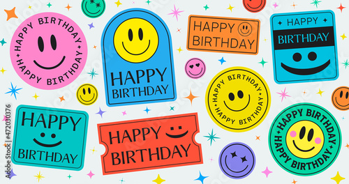 Cool Trendy Happy Birthday Stickers Background Vector Design.