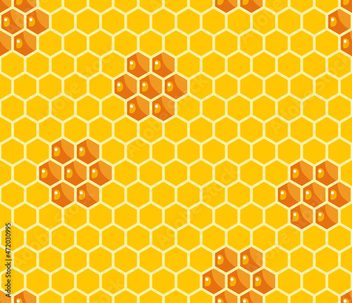 Honeycomb background. Vector yellow seamless pattern with honey. Cartoon flat illustration.