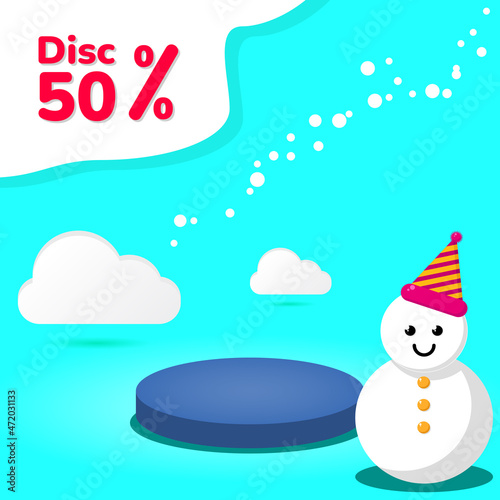 blue circle podium with snowman and clouds illustration. suitable for background, sale product