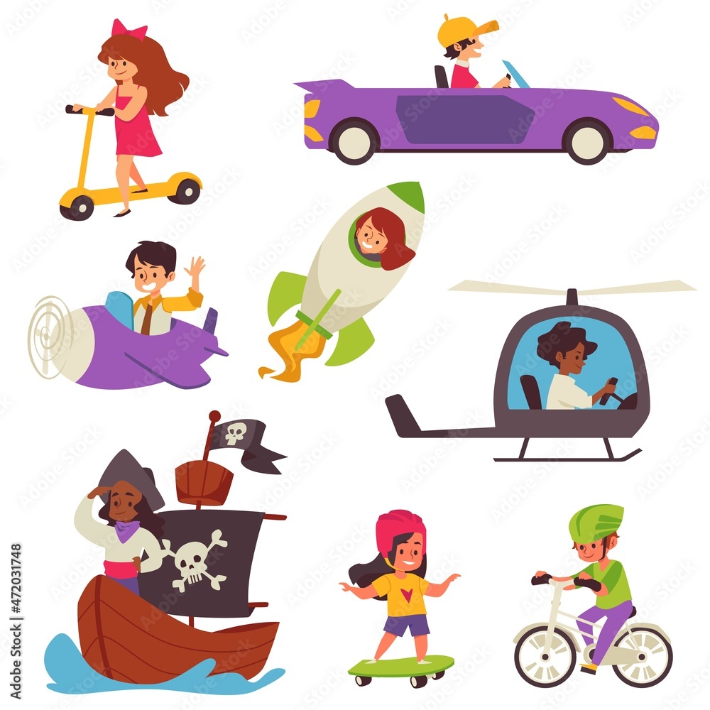 Fototapeta premium Children riding city and toy vehicle, flat cartoon vector illustration isolated.