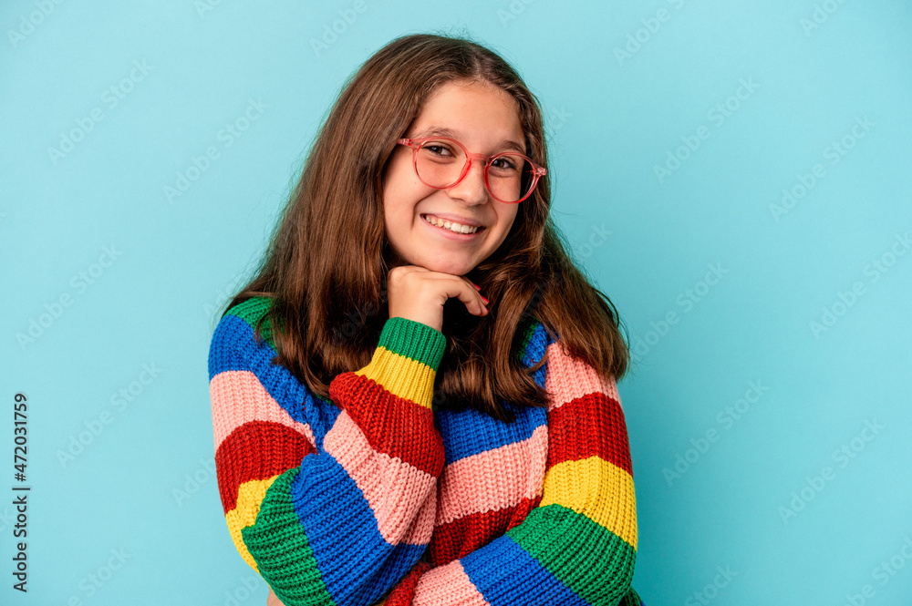 Little caucasian girl isolated on blue background Little caucasian girl isolated on blue background
