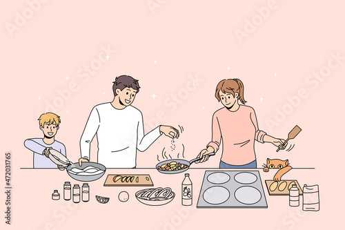 Happy family with small son cooking breakfast together in cozy kitchen. Smiling parents have fun preparing food with child enjoy leisure weekend at home. Unity and bonding. Flat vector illustration. 