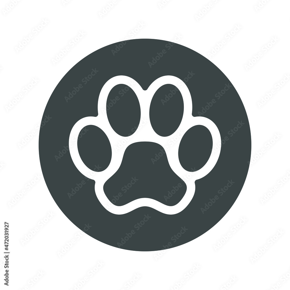 Paw of pet print graphic icon. Footprint paw dog or cat sign sign in the circle isolated on white background. Vector illustration