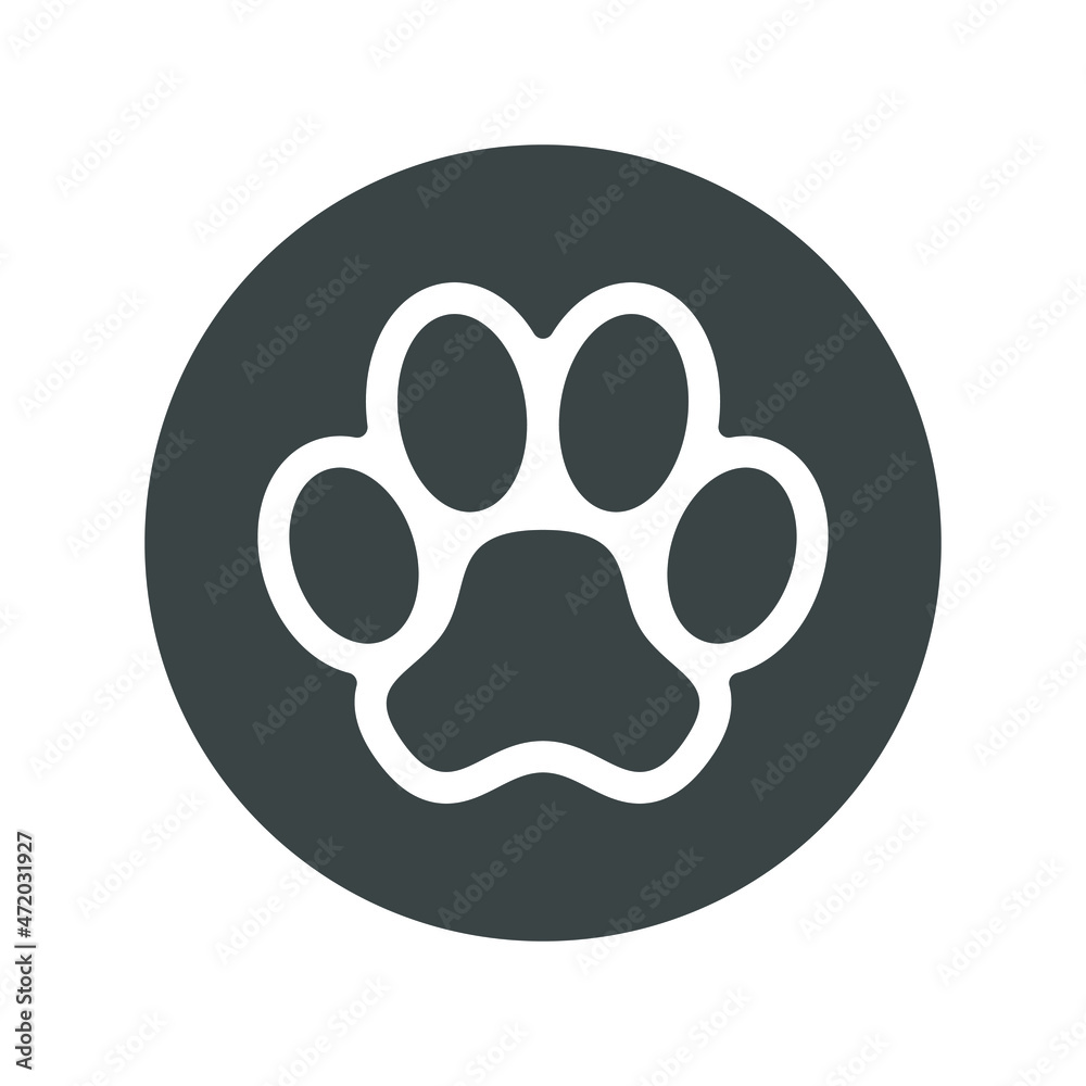 Paw of pet print graphic icon. Footprint paw dog or cat sign sign in the circle isolated on white background. Vector illustration Paw of pet print graphic icon. Footprint paw dog or cat sign sign in the circle isolated on white background. Vector illustration