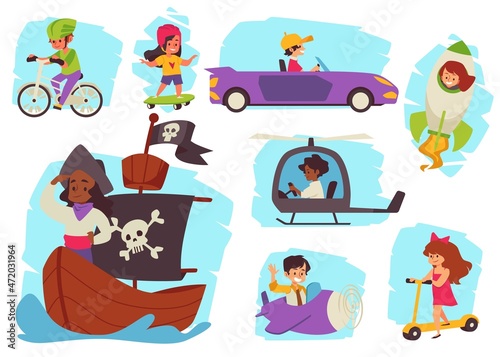 Set of kids riding on different transport, flat vector illustration isolated.