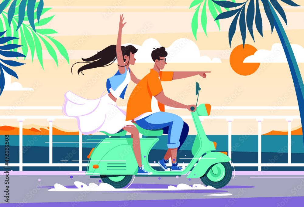 Fototapeta premium Flat Man and Woman Couple Riding on Motorbike